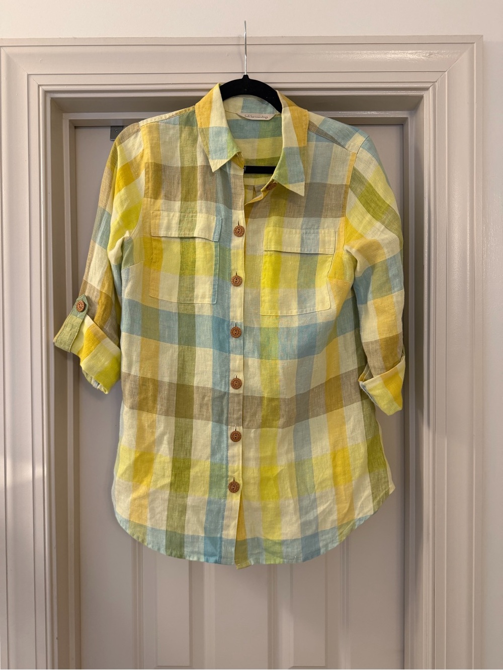 Soft Surroundings Yellow, Blue & Tan Plaid Button-Down Shirt
